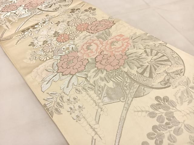 ご確認用✨服部織物✨白鳥緞子✨六通袋帯 平和屋着物◎西陣 服部織物謹製 六通柄袋帯 白鳥緞子 花車文