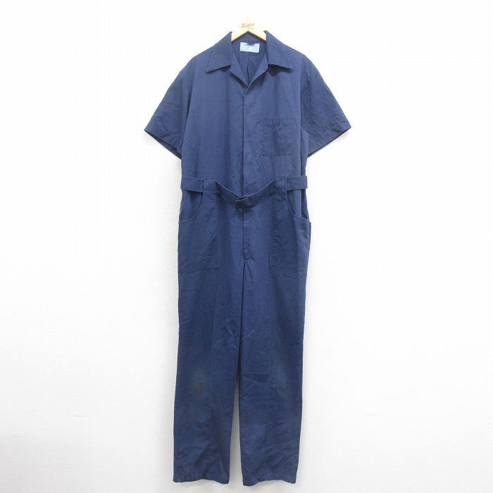 W45/古着 半袖　ワーク ベイカー ツナギ メンズ 80s 大きいサイズ 開襟 オープンカラー タロン 青 ブルー 25oct22  オールインワン ボ