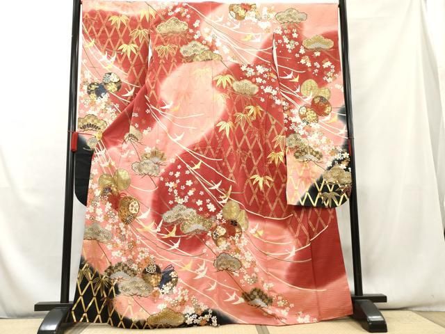 豪華振袖　飛鶴花車文 暈し染め 金彩　正絹　逸品 平和屋着物□豪華振袖 飛鶴舞花文 暈し染め 金銀彩 正絹