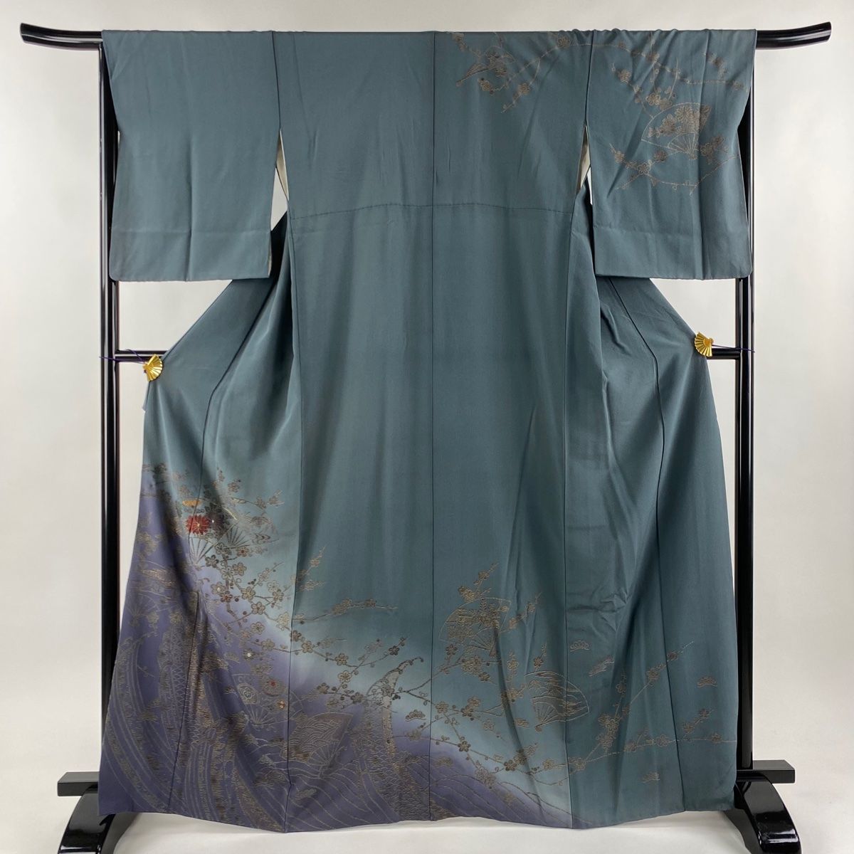 訪問着 身丈166.5cm 裄丈66cm M 袷 扇 菊 金糸 刺繍 灰緑 正絹 秀品