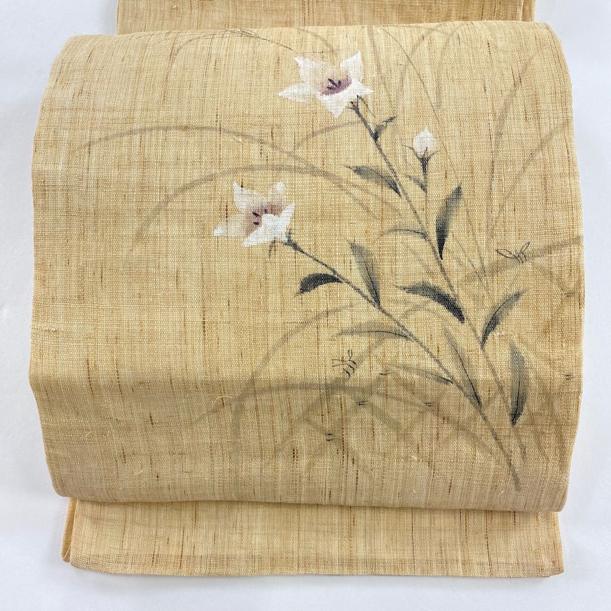 開き名古屋帯 秀品 夏帯 桔梗 ススキ ベージュ 麻 【中古