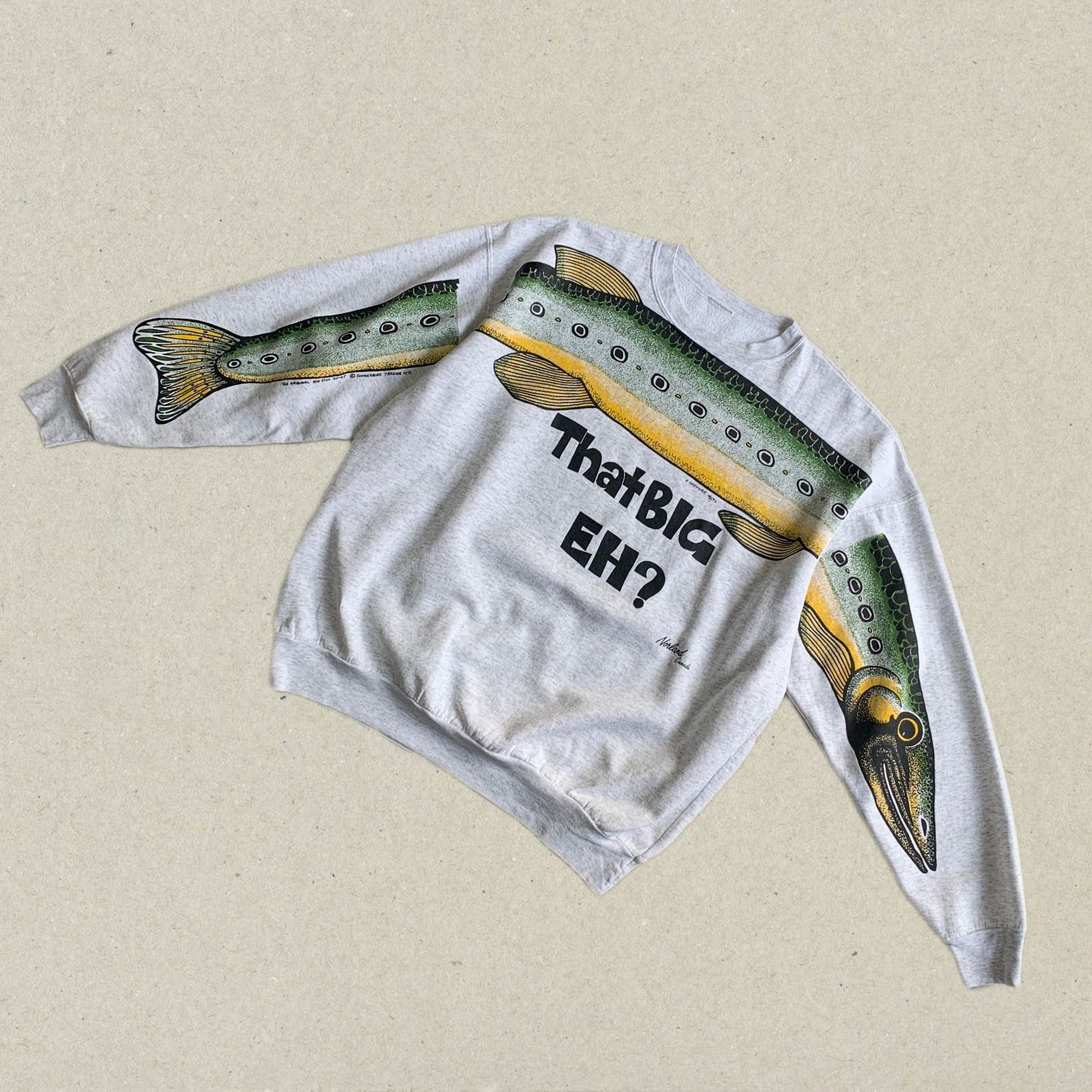 90s THE ORIGINAL BIG FISH SHIRT ”That BIG EH?” Pike Printed Sweatshirt ②  パイク オーバープリントスウェット ②