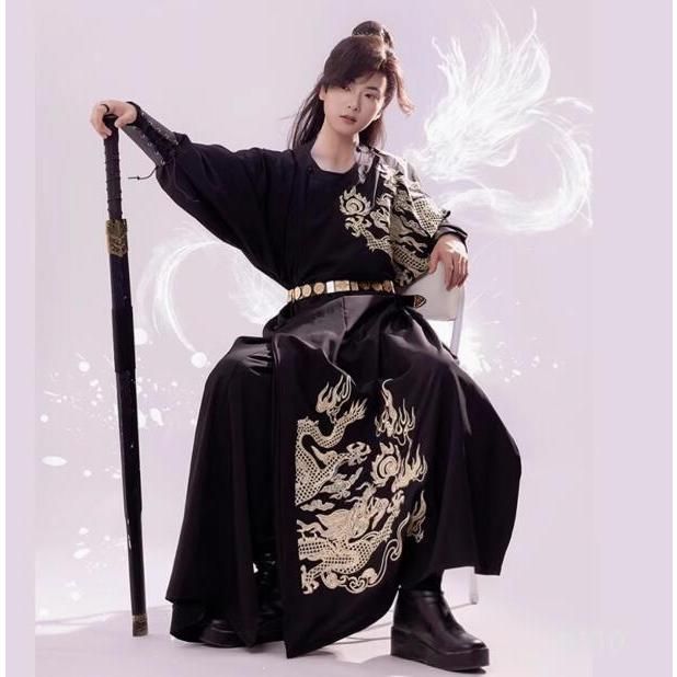 チャイナ服 中華コスプレ衣装 龍プリント おしゃれ 一式 中華コスチューム メンズ 漢服 中華服 ロング丈 ミモレ丈 中華ブラウス 黒 華 CS00925BJ