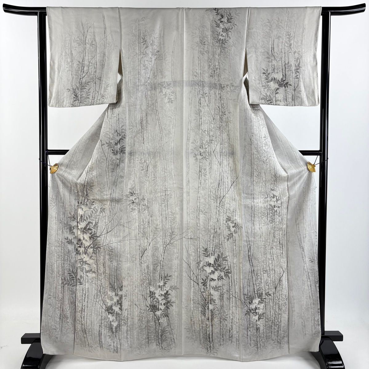 訪問着 身丈167cm 裄丈63cm S 袷 蔦 枝葉 灰色 正絹 秀品 【中古】
