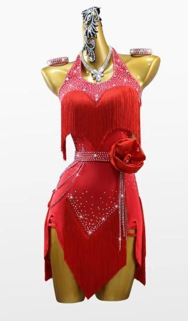 新品未使用社交ダンスドレス ラテンドレス 競技 デモ レッド オーダー