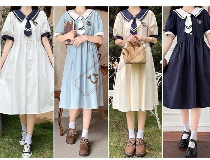 夏にぴったり♥️ミニ丈学生服風ワンピースデートやお出かけに最適！ ワンピース ビッグカラー セーラー風 胸元リボン 半袖 夏用 夏服