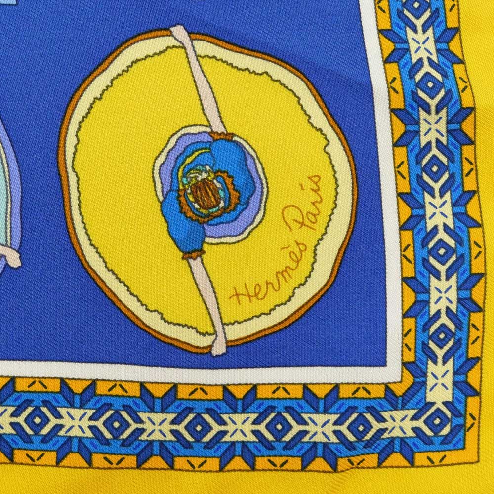 名東】エルメス カレ45 スカーフ Belles du Mexique シルク 青系 小売