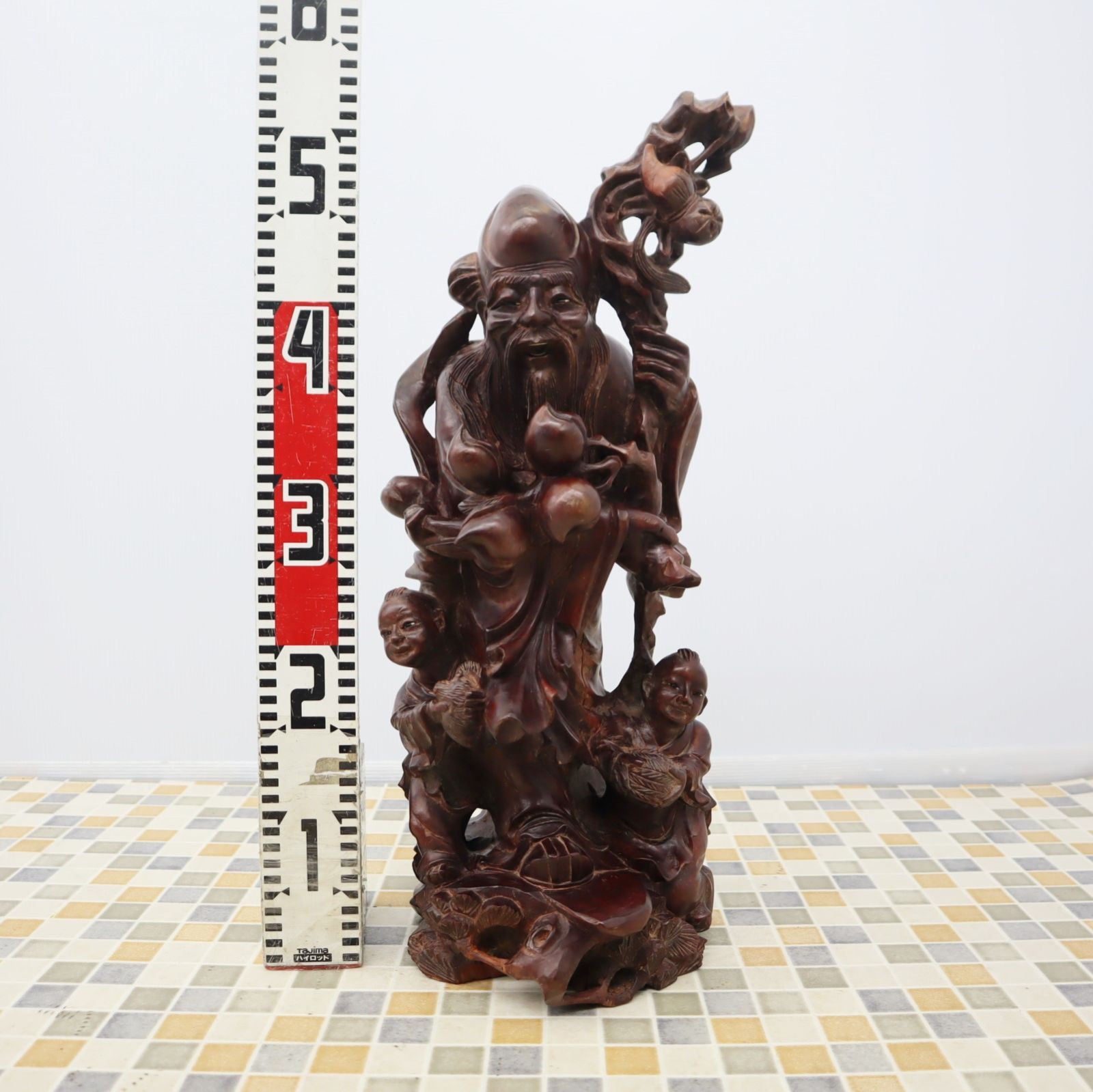☆中国美術工芸品 6人の仙人像 天然木手彫り彫刻 台座付き 置物 - 彫刻 