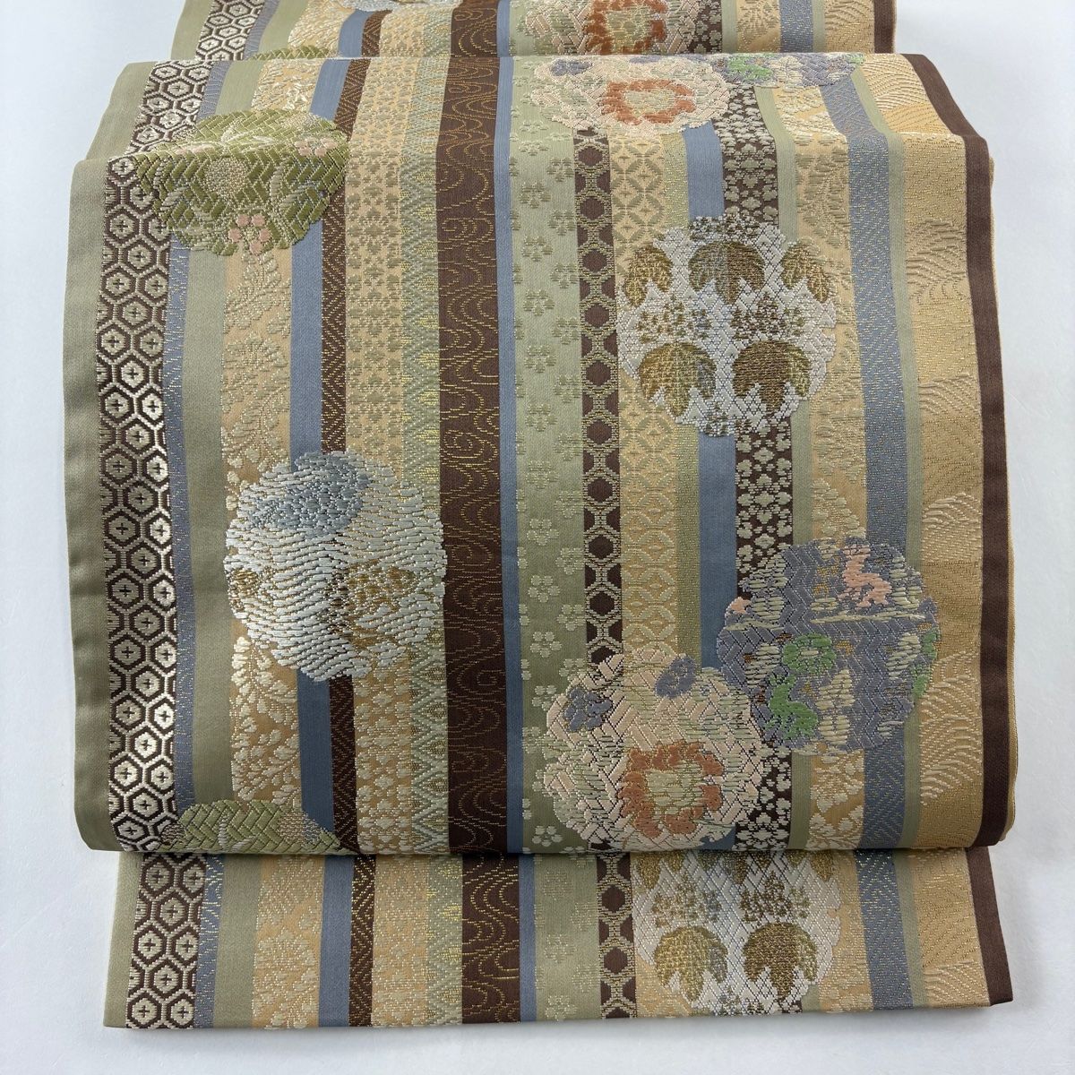 袋帯 美品 秀品 雪輪 縞 金糸 箔 薄茶色 六通 正絹 【中古