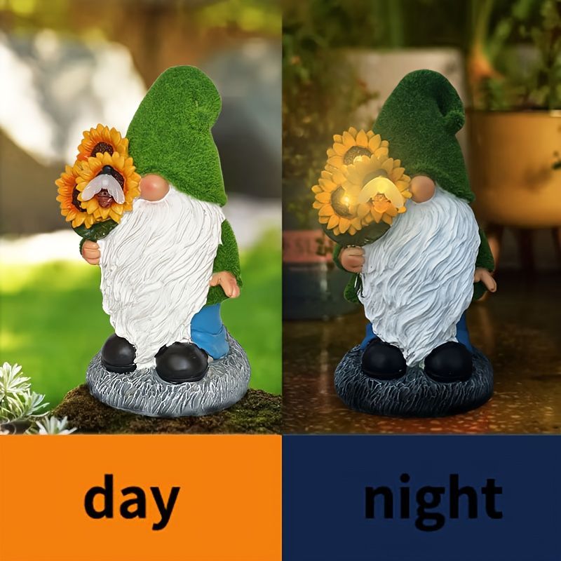 ソーラーライト ガーデンライト ガーデンオーナメント 向日葵を持っている小人 ひまわり ヒマワリ 庭オブジェ 置物 癒しグッズ ガーデニング お庭 玄関ライト 園芸装飾 オシャレ ギフト プレゼント 樹脂