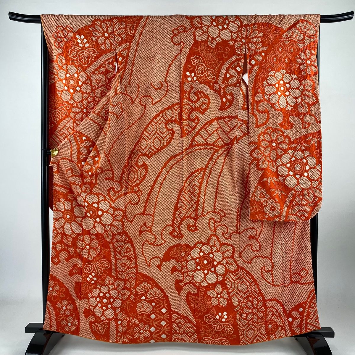 振袖 身丈163.5cm 裄丈67cm M 袷 草花 波頭 総絞り 朱色 正絹 秀品