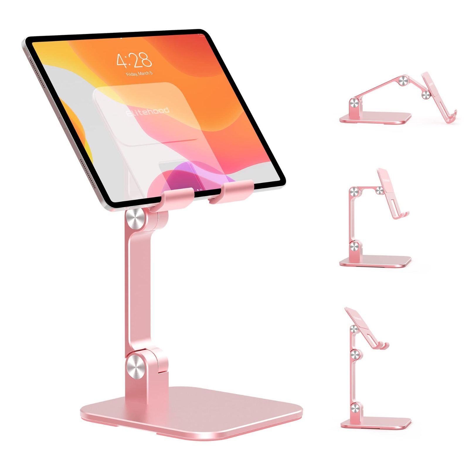 ピンク elitehood タブレットスタンド 折りたたみ ipad置き型スタンド 卓上用ホルダー 卓上縦置きスタンド タブレット置き台 机 絵描き アルミ製 滑り止めパッド iPad Pro 12.9 11，iPad Air Mini3 4 5 6、