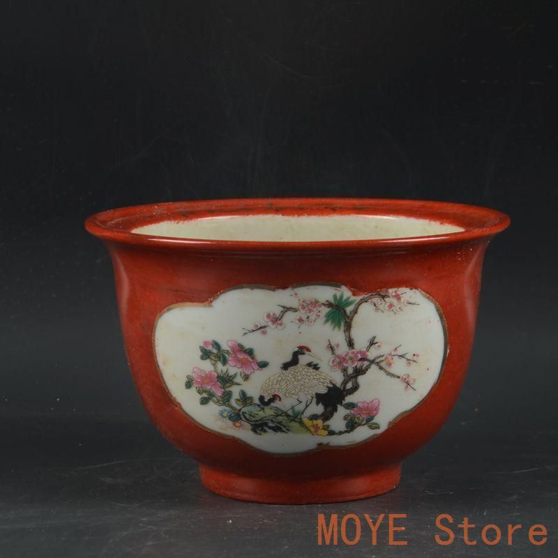 景徳鎮 沙紅開窓仙鶴花鳥図菖蒲鉢 良い 花鉢 大盆栽 小盆栽zw0829