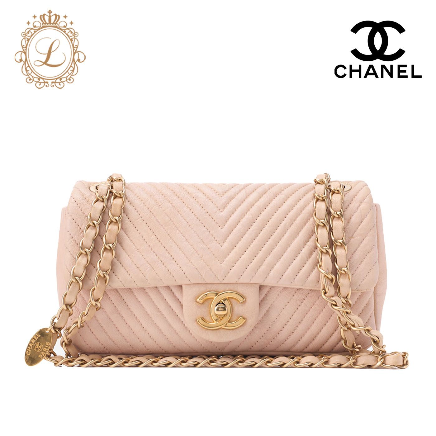 CHANEL シャネル ショルダー バッグ カーフスキン Vステッチ ベージュ ターンロック シングルフラップ ゴールド金具 レディース
