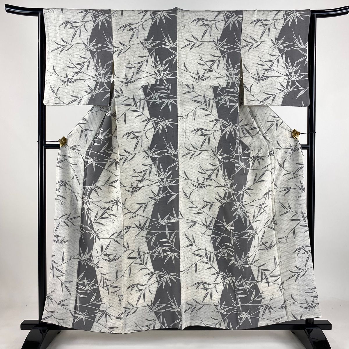 小紋 身丈157cm 裄丈64cm M 袷 笹 墨流し クリーム 正絹