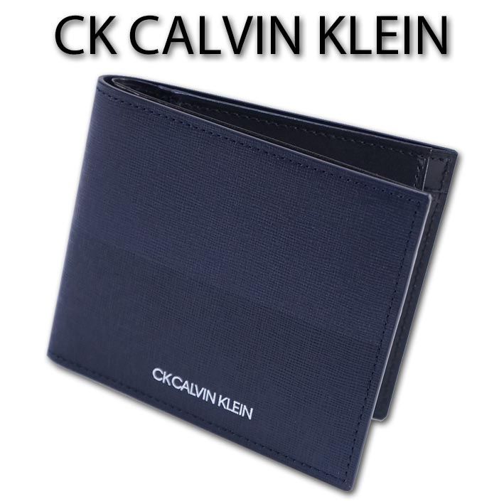 CKカルバンクライン CK CALVIN KLEIN 牛革 二つ折り財布 ミロ メンズ ネイビー系×ブラック 薄型 コンパクト ミニ財布 サンプル品 箱なし レザー 特価 定価16，500円