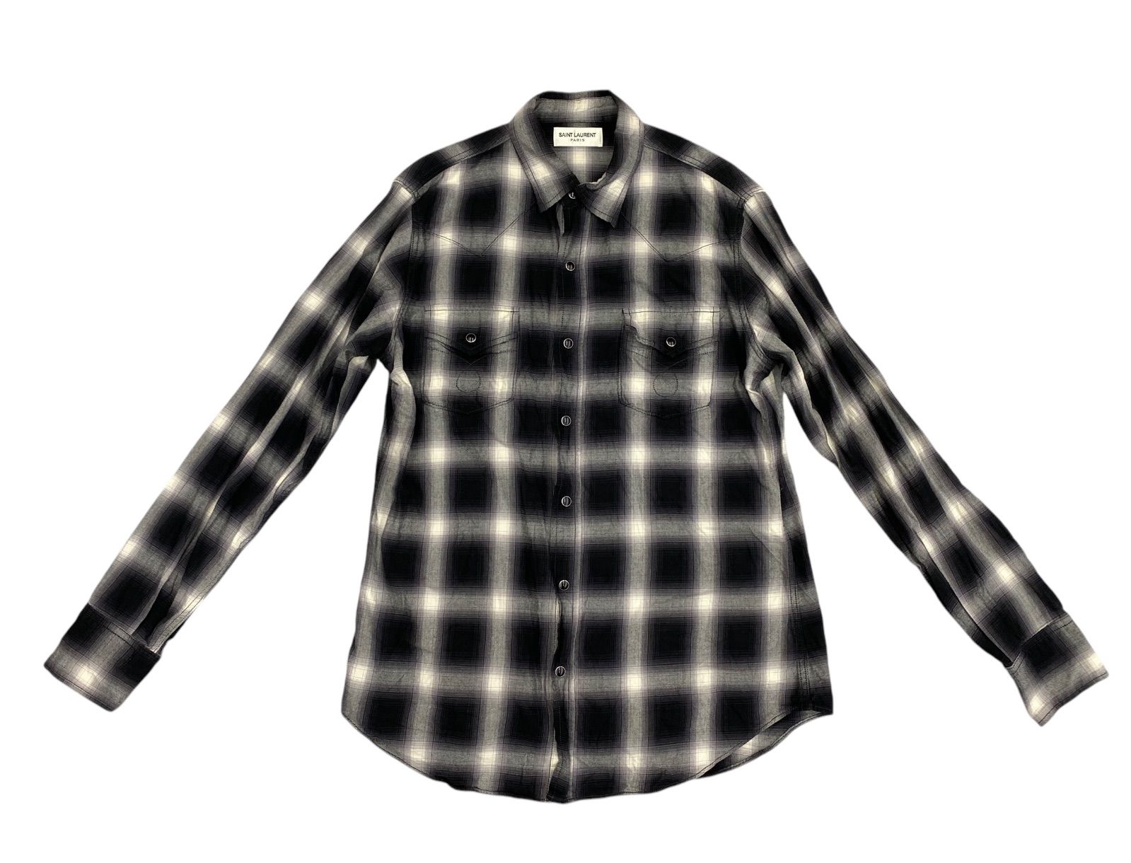 EM0257 Saint Laurent スナップボタン チェック柄シャツ ブラック × ホワイト Ｍサイズ サンローラン