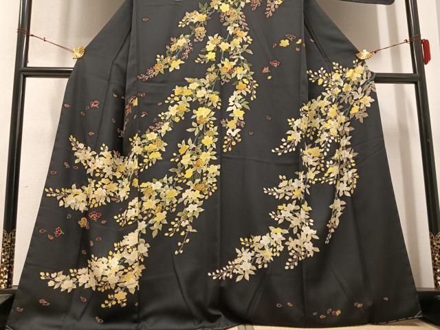 平和屋着物○訪問着 駒刺繍 枝花文 黒地 正絹 逸品 未使用 AABB5130ph