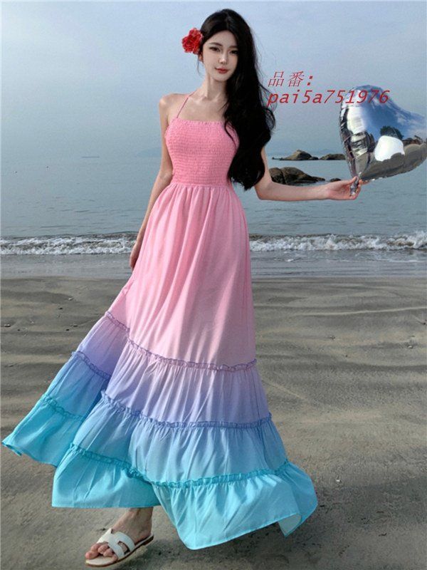 リゾートワンピース サスペンダードレス 夏ワンピ 可愛い ゆったり ロング丈 着痩せ pai5a751976