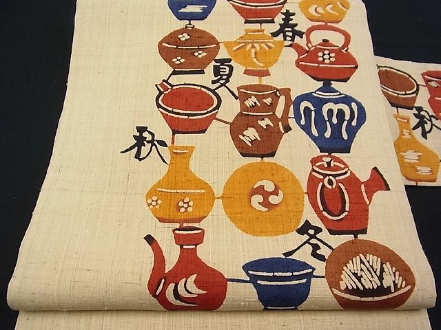 平和屋1□極上 夏物 九寸名古屋帯 生紬 型染め 春夏秋冬 陶器 逸品 未