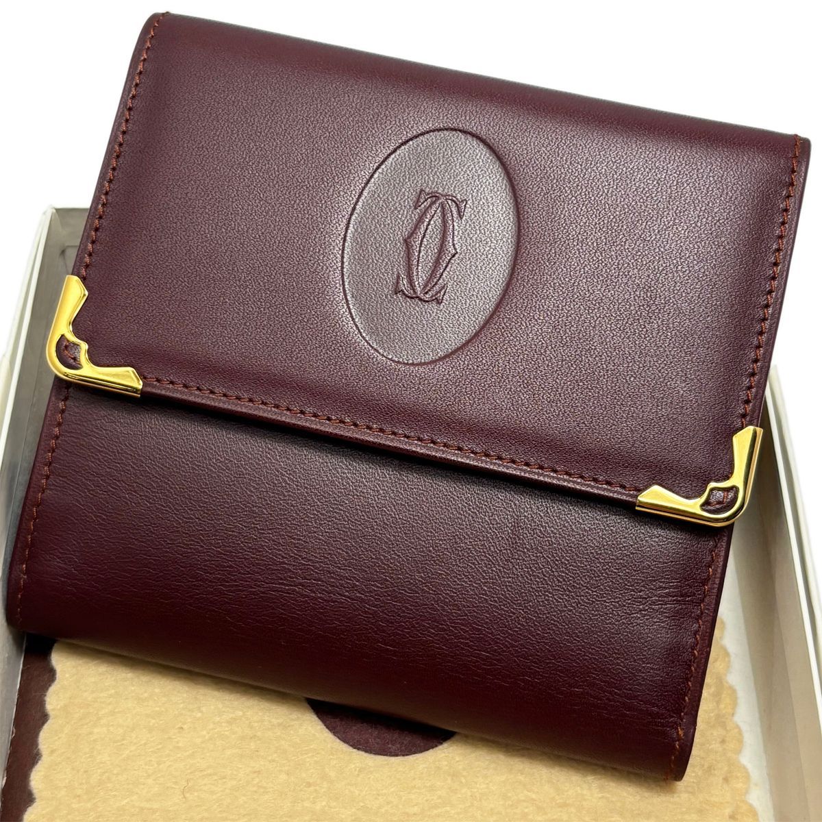 中古】 カルティエ マストドゥカルティエ がま口 財布 ボルドー
