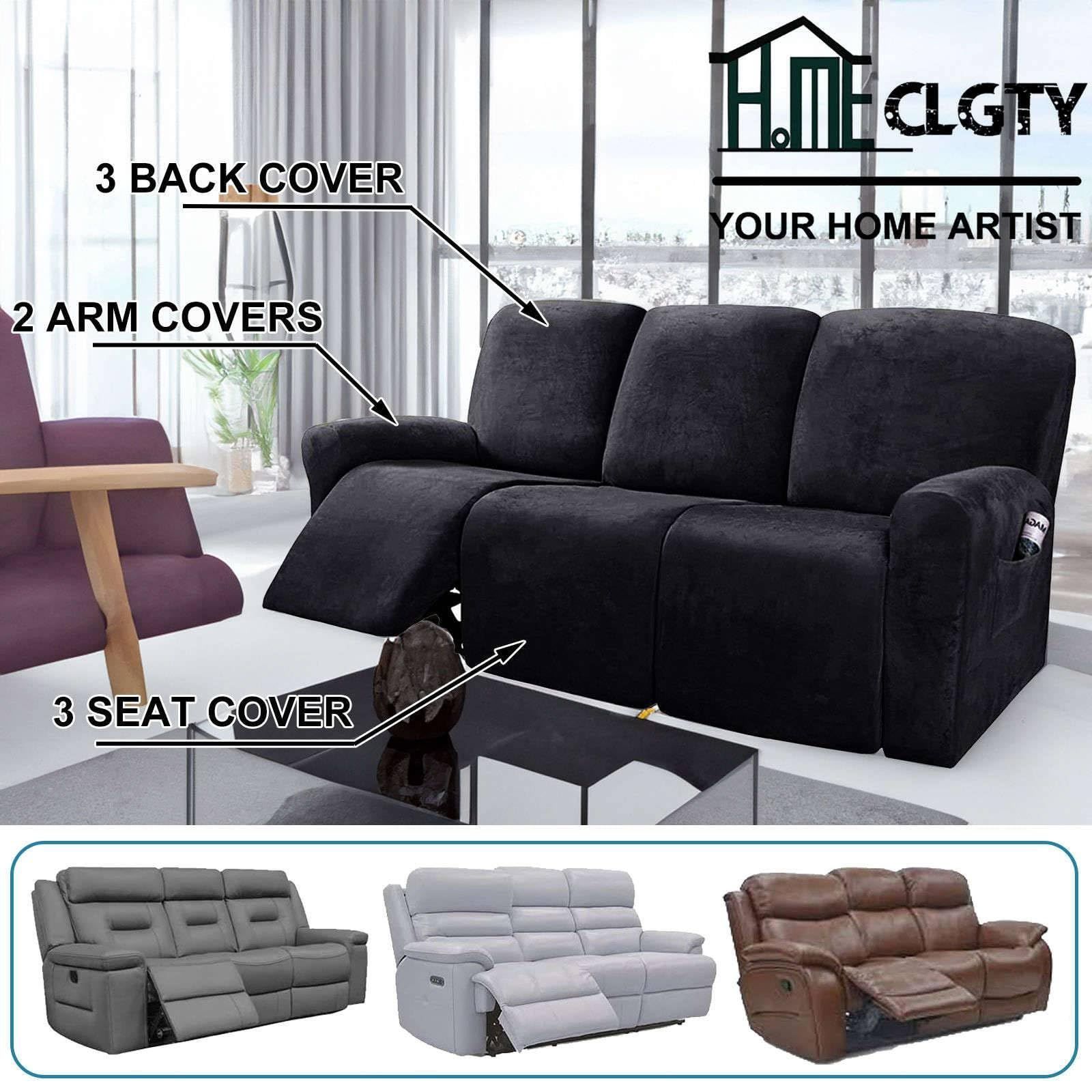 ソファーカバー 滑り止め リクライニングチェア 電動 ソファーカバー サイドポケッ 付 に適用する 8-分割タイプ 3人掛け 子 リクライニングソファーカバー ベルベット ペット-黒-3人掛け ストレッチ