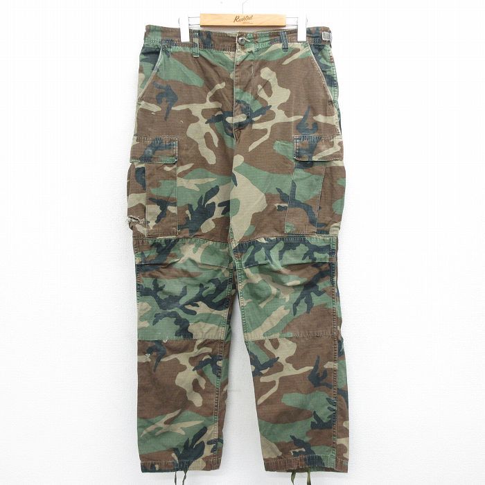 W36/古着 ミリタリー カーゴ パンツ メンズ 80s コンバット リップストップ ウッドランドカモ 緑 グリーン 迷彩 24aug29 中古 ボトムス ロ
