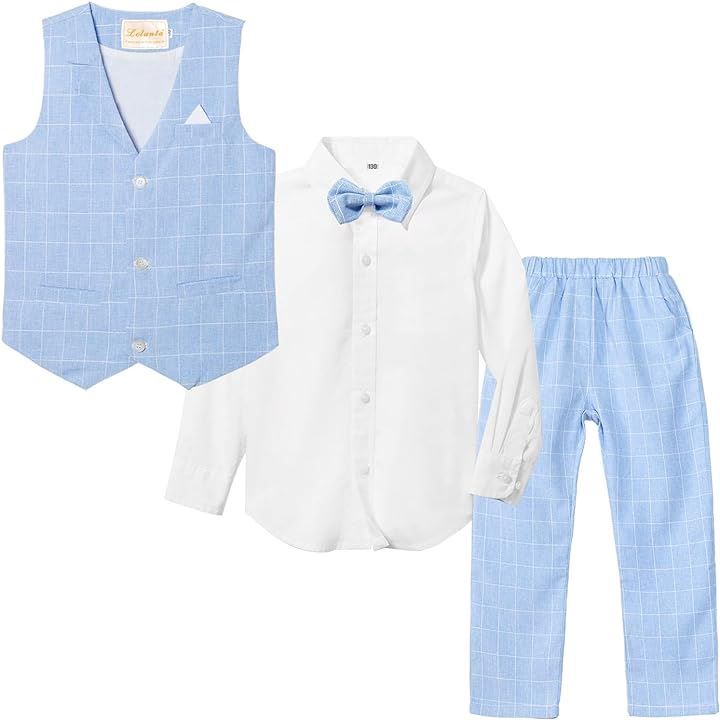 LOLANTA キッズ スーツ 男の子 フォーマル 子供服 4点セット ベスト ズボン ワイシャツ 蝶ネクタイ チェック柄 入学式 卒業式 入園式 結婚式 発表会 七五三( ブルー(ベスト4点セット)，  130)