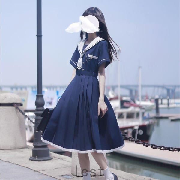 ワンピース チュニック ひざ丈 半袖 レトロ レトロ感 セーラー服