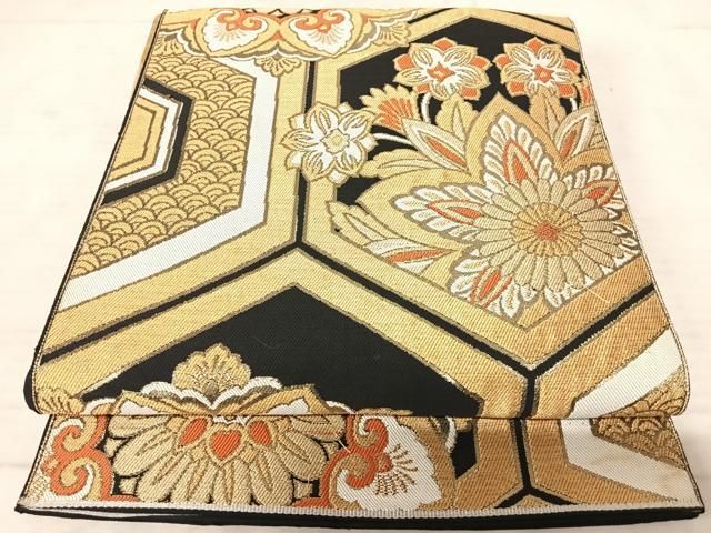 平和屋着物◎六通柄袋帯　唐織　大宮どんす　花丸文　黒地　金糸　正絹　逸品　AABI1015yx 平和屋着物◎六通柄袋帯 唐織 大宮どんす 花丸文 黒地 金糸 正絹 逸品