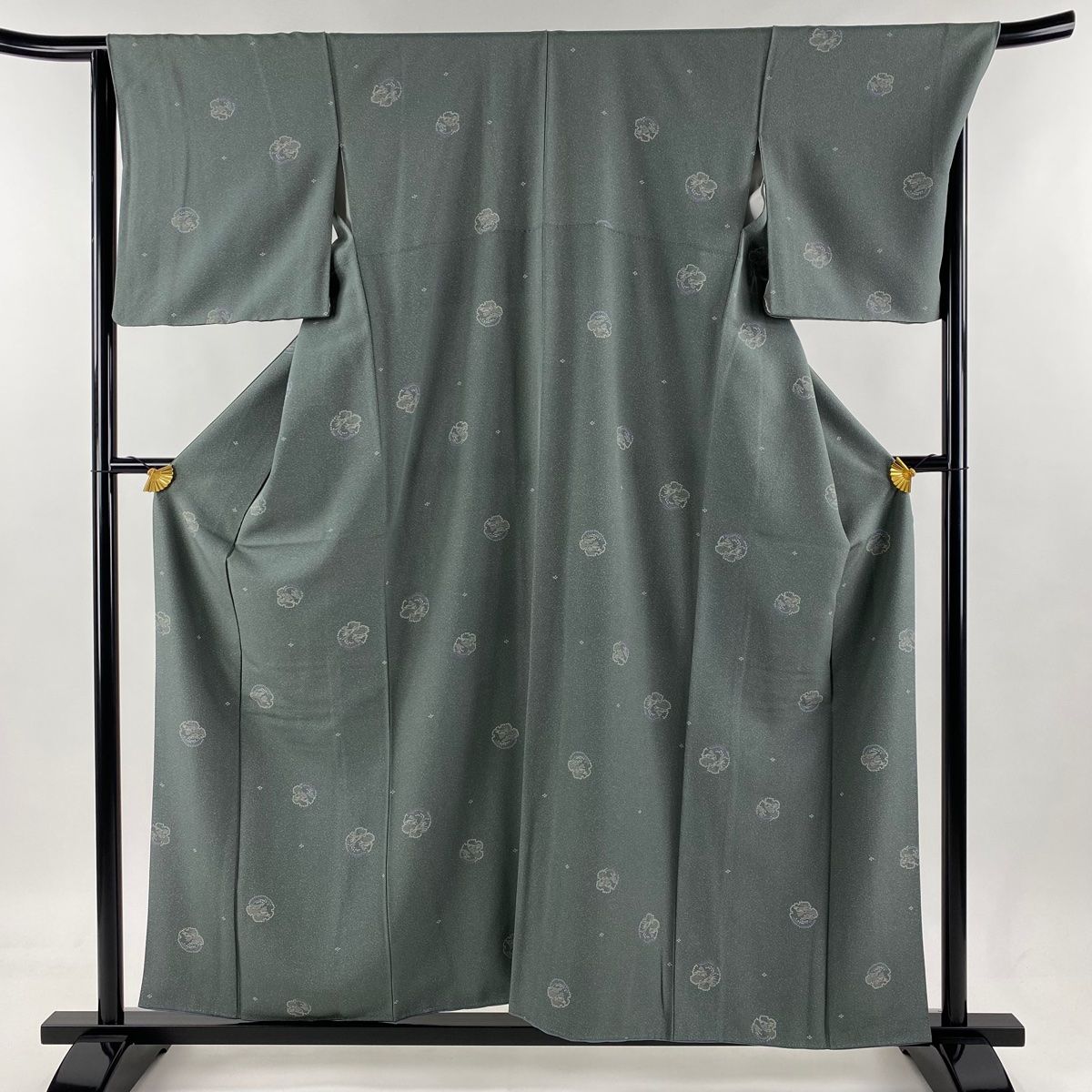 小紋 身丈158cm 裄丈67cm M 袷 うさぎ 波頭 灰緑 正絹 美品 逸品  