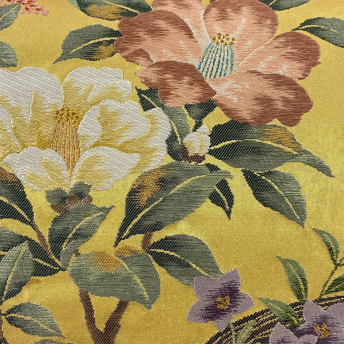 袋帯 秀品 落款 草木漆監修 三代目太田藤三郎 椿 桔梗 金糸 箔 金色 お太鼓柄 正絹