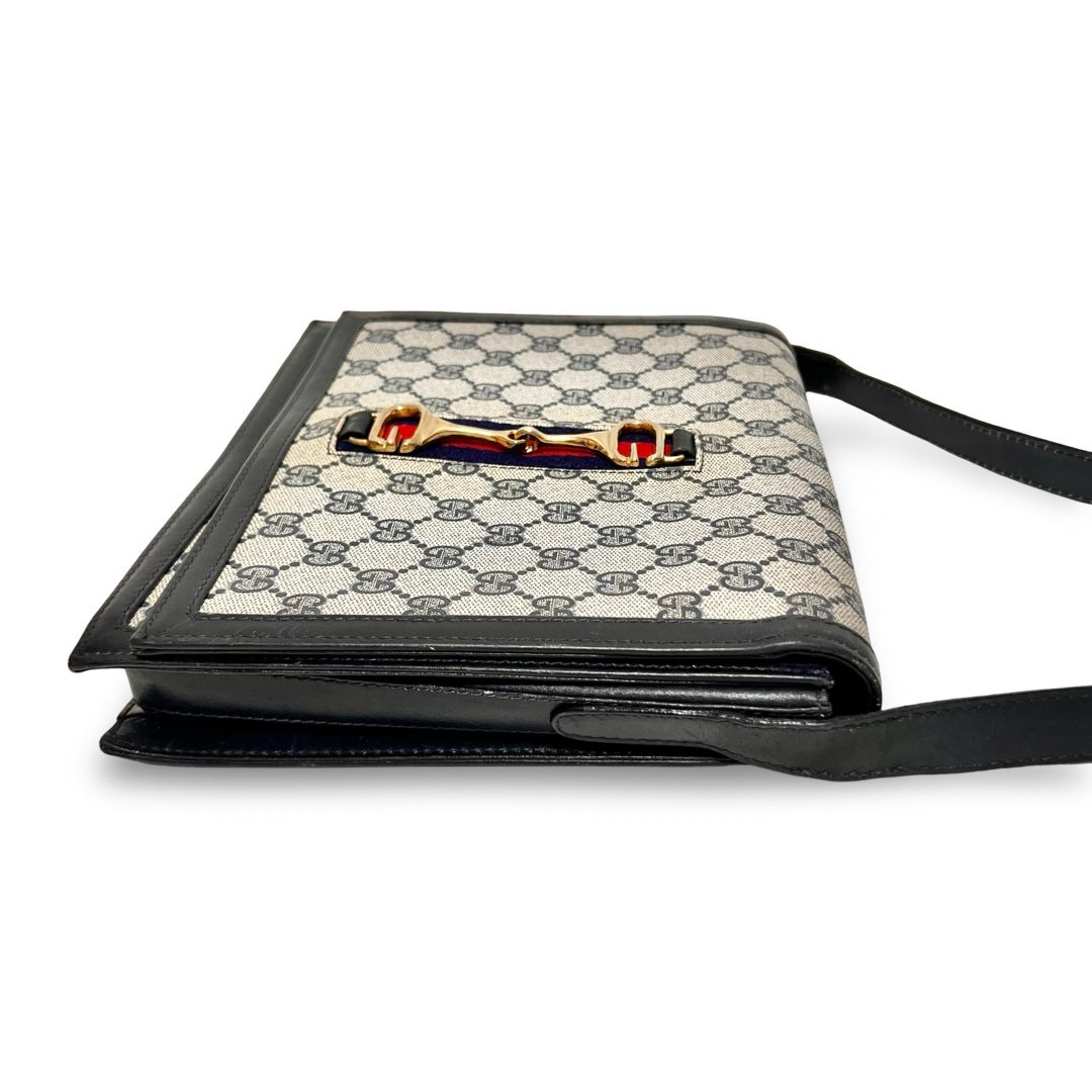 美品　GUCCI オールドGG ショルダーバッグ ネイビー×ベージュホースビット GUCCI グッチ ホースビット シェリーライン GG ショルダーバッグ