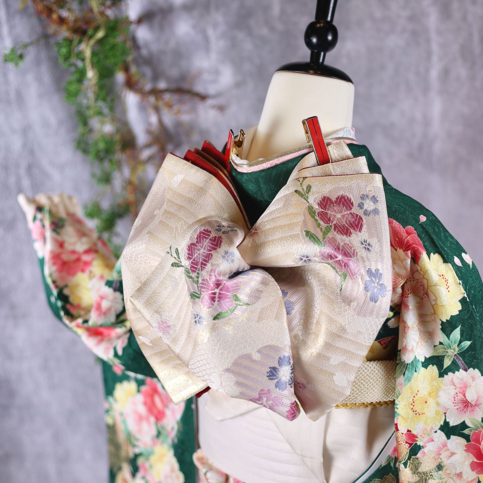 振袖フルセット 振袖セット 振袖 Lサイズ 深緑×桜 美品 成人式