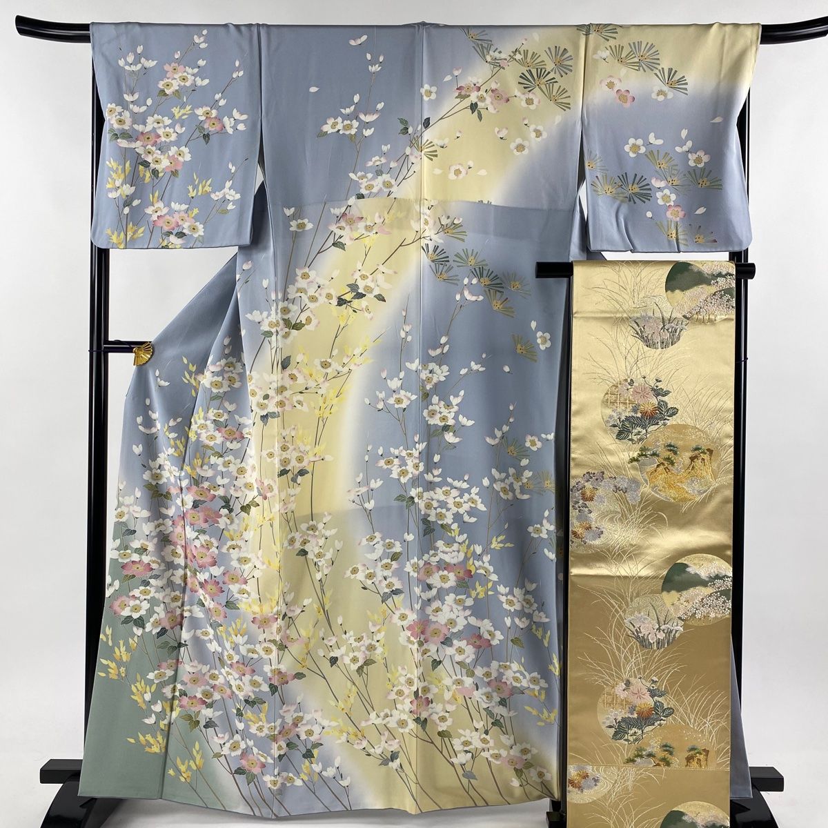 訪問着 身丈164cm 裄丈68cm L 袷 袋帯セット 桜 枝花 染め分け ぼかし 青灰色 正絹 秀品