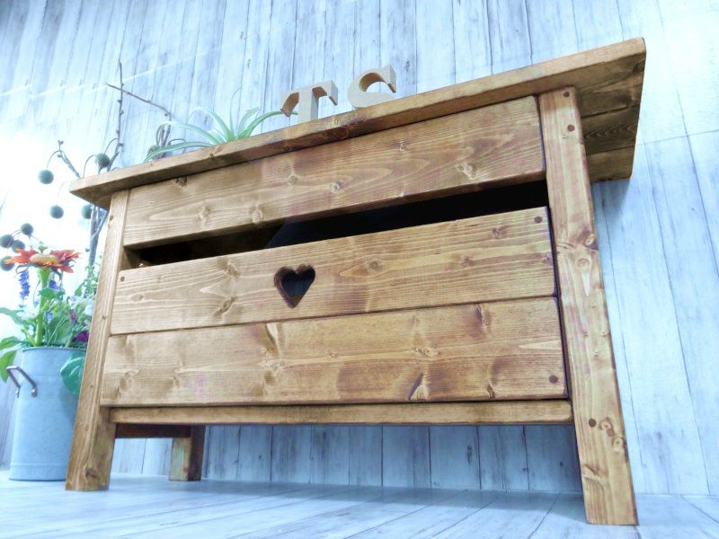 ハンドメイド ショートベンチ ハートボックス チーク色 MARWIL-DEMENAGEMENTS_CH