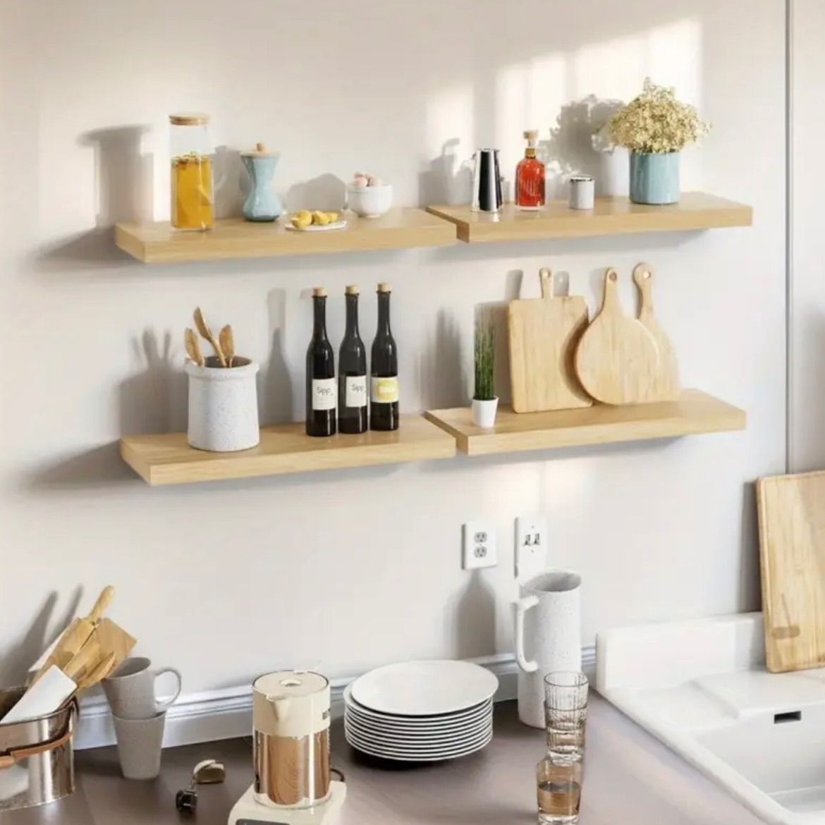 フローティングシェルフ カエデ材 2個セット 16インチ 壁掛け式収納 キッチン リビング ベッドルーム バスルーム対応 ヴィンテージ木製 ディスプレイ棚 ホワイトバック付き シンプルデザイ
