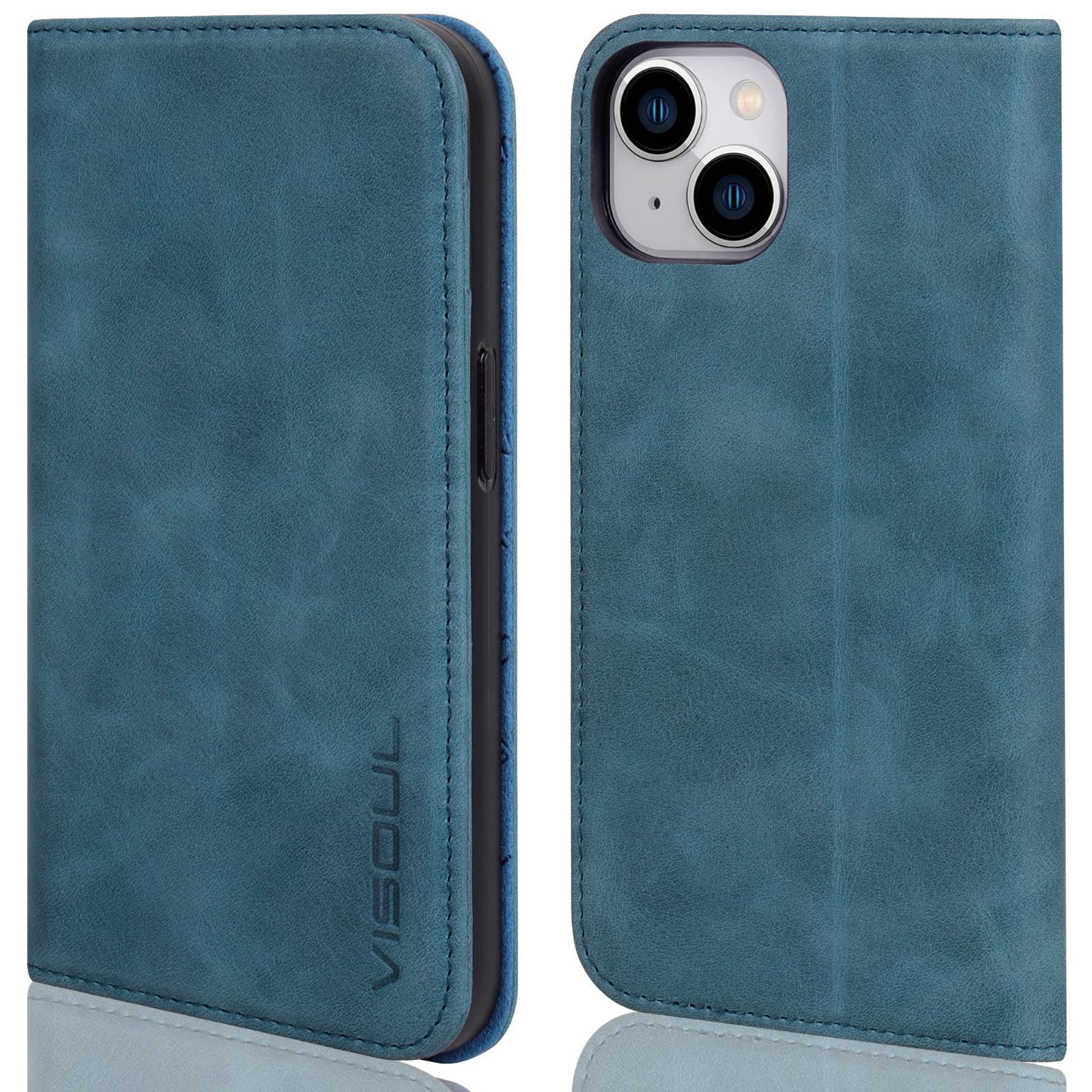 VISOUL iPhone14ケース 本革 手帳型 レザー スマホケース カード収納 携帯ケース 全面保護 マグネット 横置きスタンド 6.1インチ対応iPhone14 (青)
