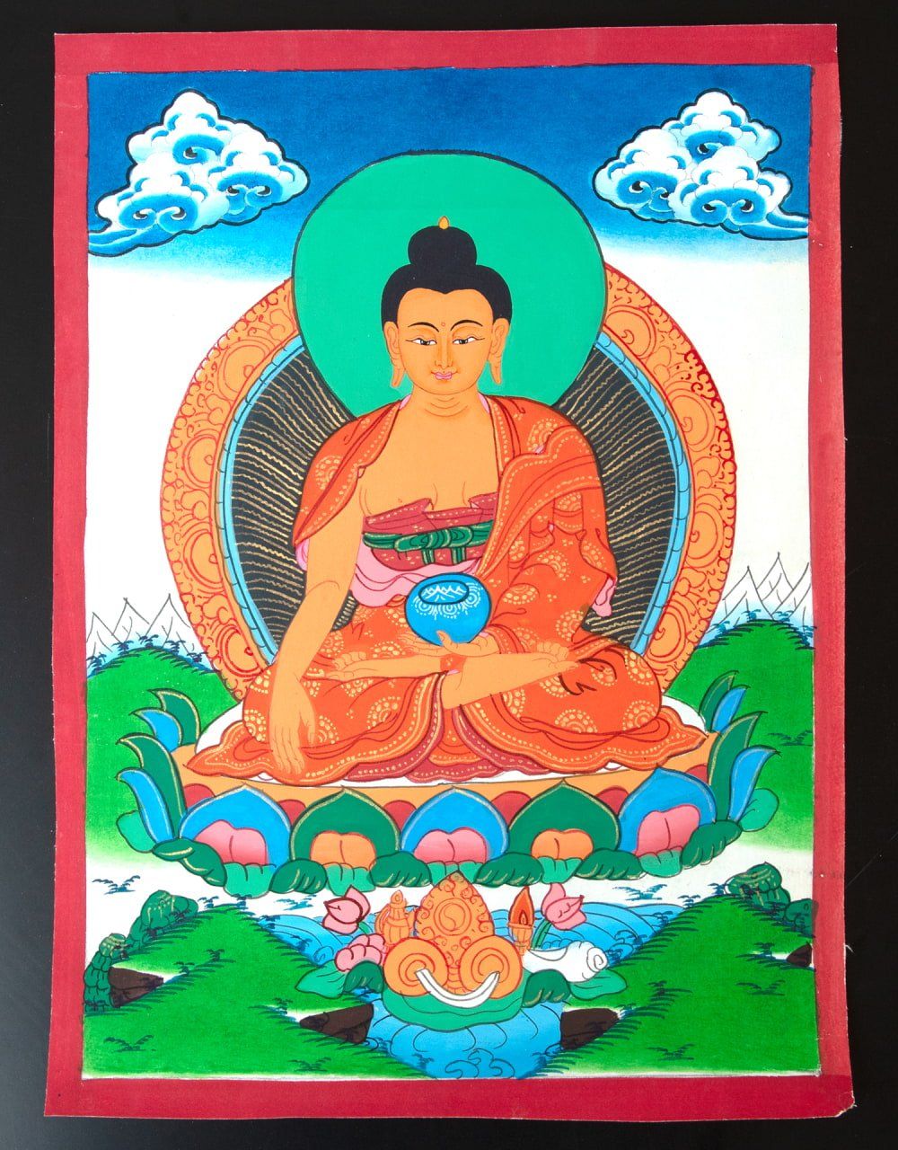 ブータン タンカ 仏教 絵画 仏画 ブッダ 仏陀 チベット オブジェ 一点物〕タンカ - 釈迦如来（ゴータマ・ブッダ）[30cm x 40cm] / 観音