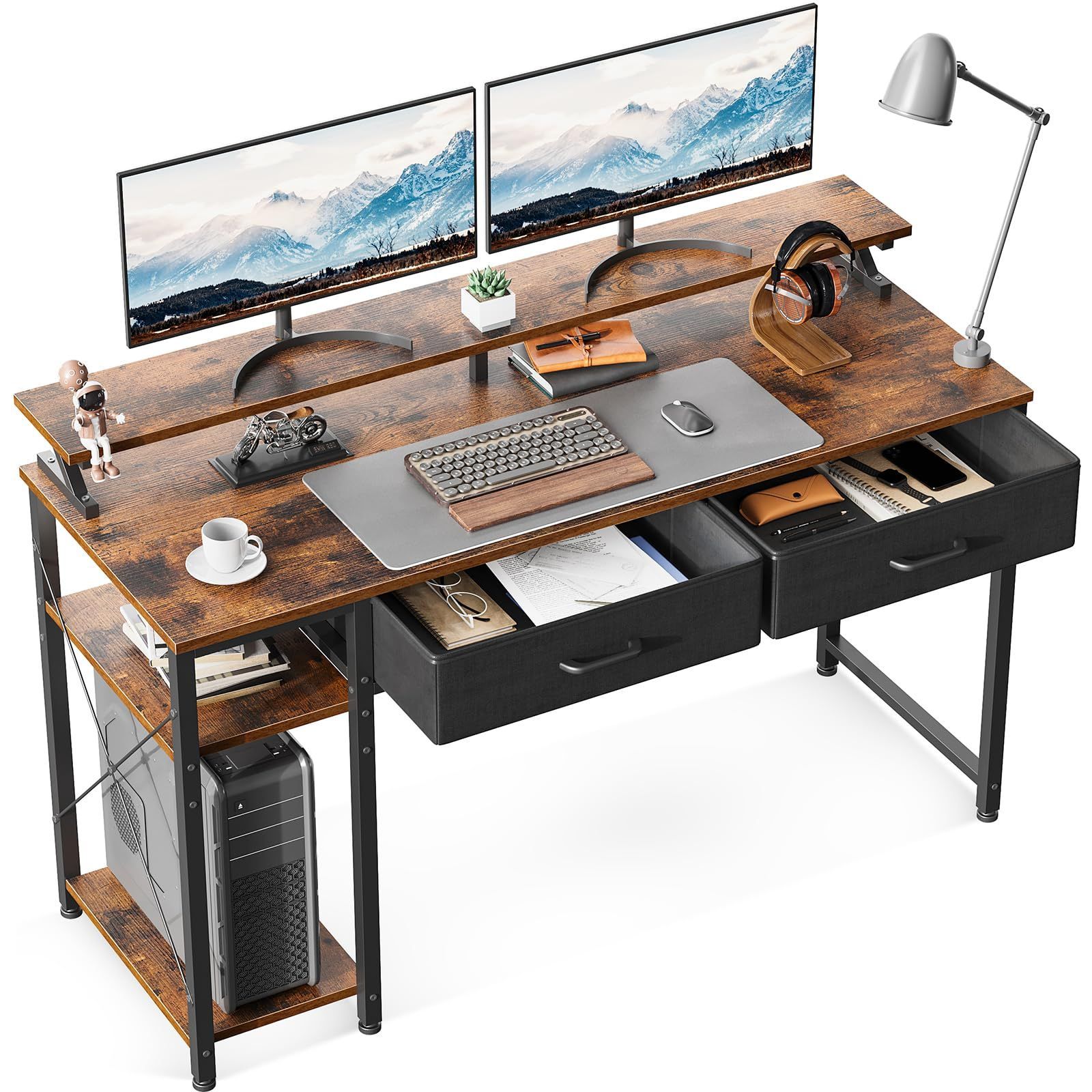 在庫処分 モニター台付き ワークデスク pcデスク オフィスデスク 机 おしゃれ パソコンデスク 省スペース 幅120cm 一人暮らし ラック-引き出し2杯付き 在宅勤務 ゲーミングデスク 左右入れ替え対応 ODK ビンテージ