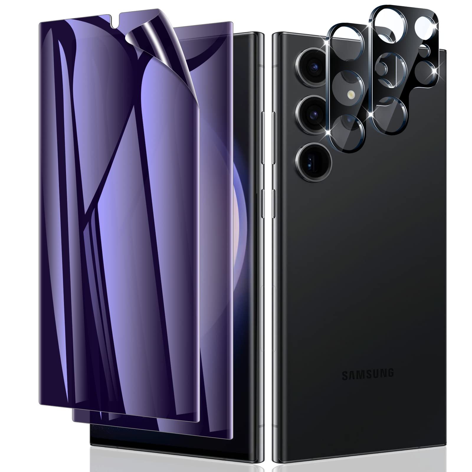 LYWHL [2枚+2枚パック] Samsung Galaxy S23 Ultra プライバシースクリーンプロテクター ブルーライトカット 目の保護 スパイ防止 パープル フレキシブルフィルム [指紋対応] + カメラレンズガラスプロ
