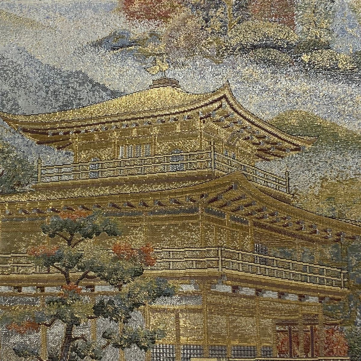 丸帯 日本紀行 建物 樹木 箔 金糸 銀色 お太鼓柄 正絹