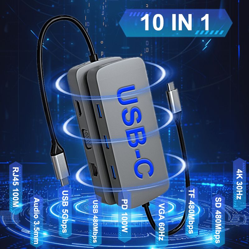 10インチUSB-Cハブ、4K HDTV、VGA 1080Pインターフェース、RJ45 100Mインターフェース、SD/TFインターフェース、高速USBインターフェース、PD 100W、アウトプットオーディオ3.5mmアダプター、マックブックラップトップおよ