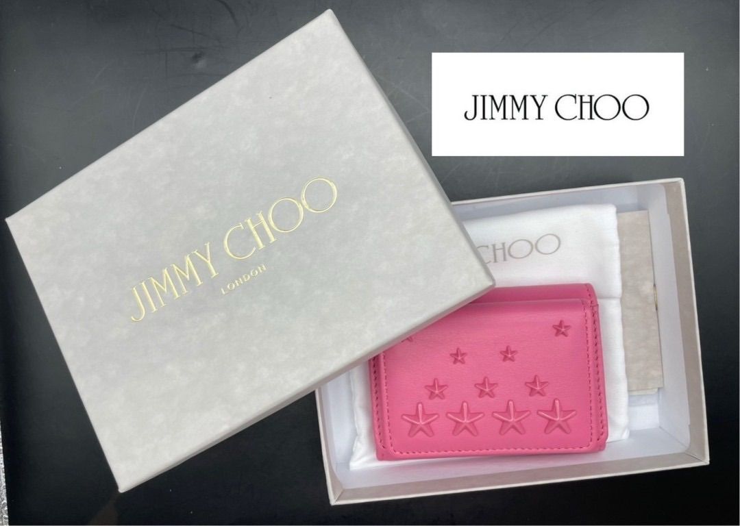 【未使用品】JIMMYCHOOジミーチュウNEMOAOR0241CandyPinkピンクスタースタッグ付きスムースカーフレザーミニ財布レディースウォレットゴールド金具