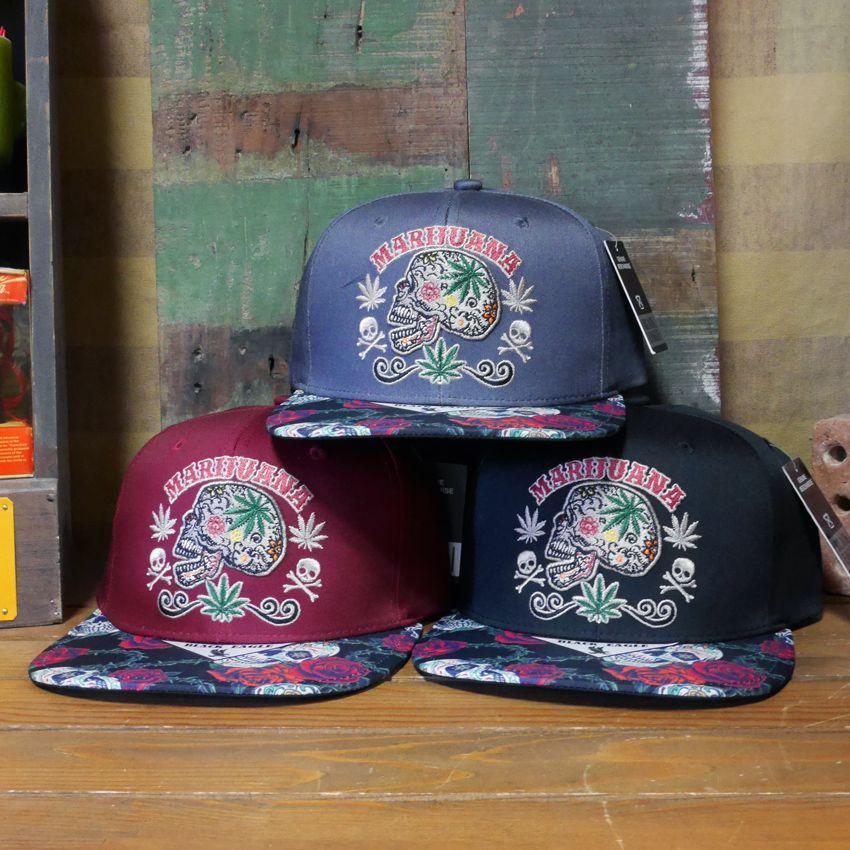 フラットバイザーキャップ MARIJUANA SKULL 帽子 アメカジ マリファナ 