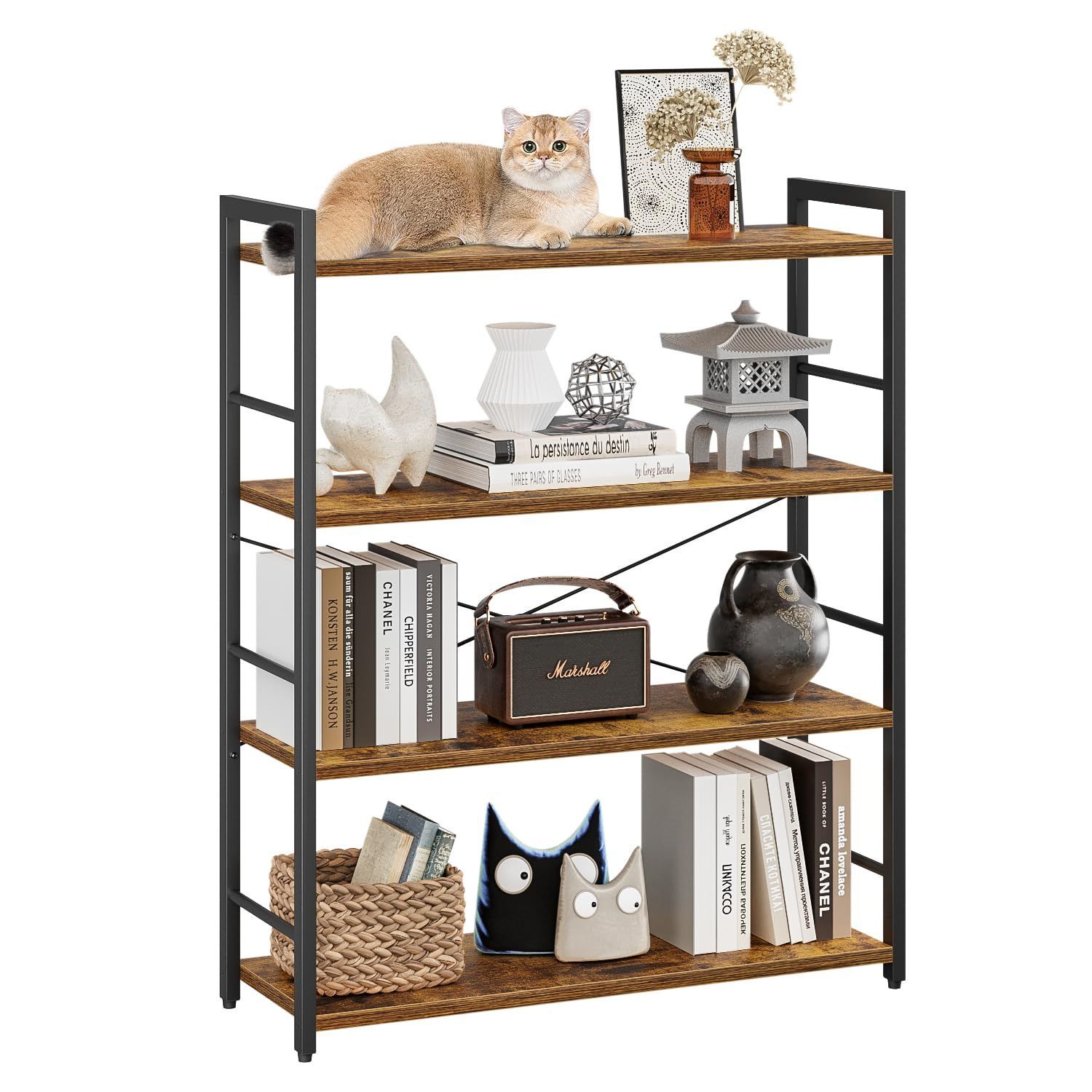 Kukeimaru オープンシェルフ ラック 棚 4段 ワイド コンパクト 大容量収納 本棚 キッチンラック 収納 組立簡単 調整脚付き 幅80cm×奥行30cm×高さ109cm レトロ ブラウン