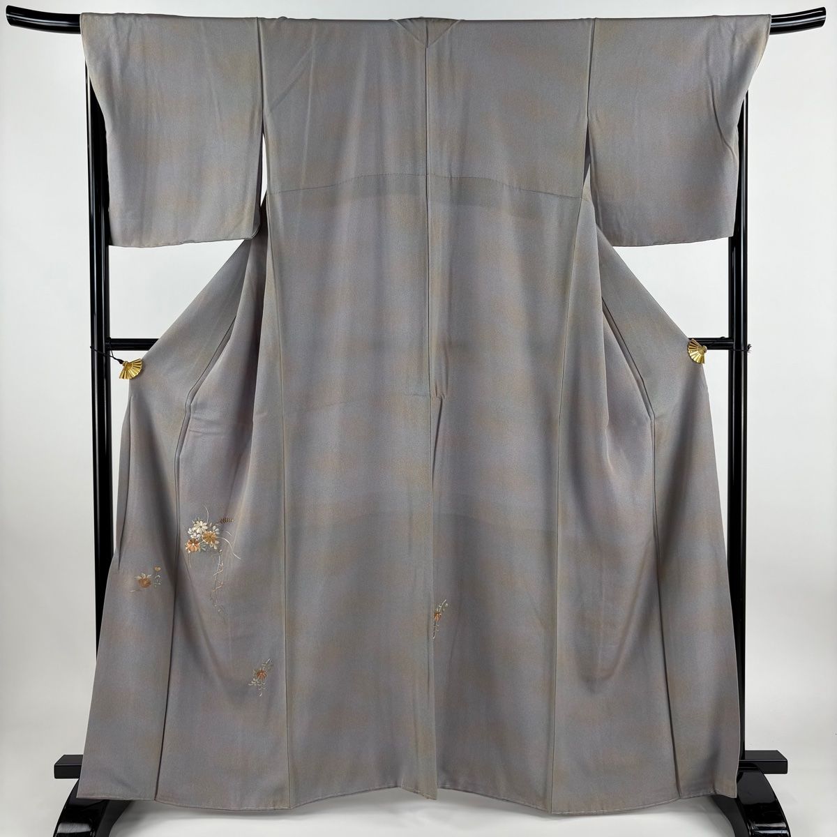 付け下げ 正絹 巻物と草花模様 深青地 身丈148cm K-1053 付け下げ 正絹 巻物と草花模様 深青地 身丈148cm K-1053
