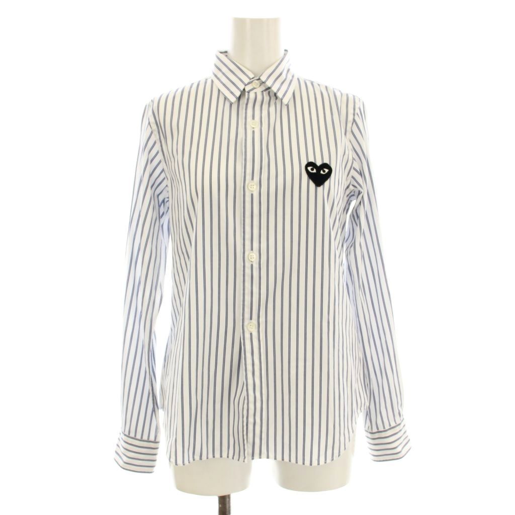 プレイコムデギャルソン PLAY COMME des GARCONS AD2020 シャツ 長袖 ストライプ柄 ハート ワッペン コットン S 白 ホワイト 青 ブルー AZ-B019 KU