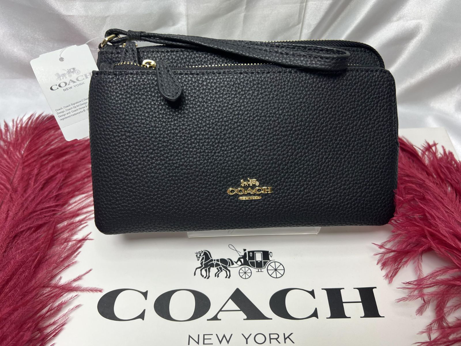 コーチ COACH 財布 ダブル ジップ ウォレット アラウンド ポーチ ペブルド レザー リストレット カードスロット ブラック プレゼント 贈り物 ギフト メンズ 財布 レディース ブランド C5610 355P