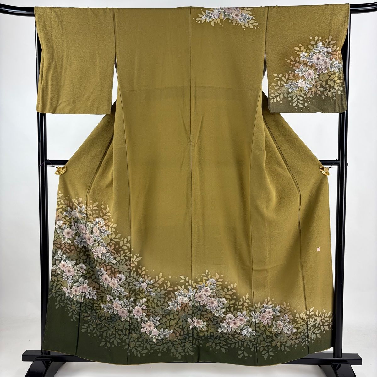 訪問着 身丈157.5cm 裄丈67cm M 袷 落款 辻が花 金彩 染め分け 鶯色 正絹 名品